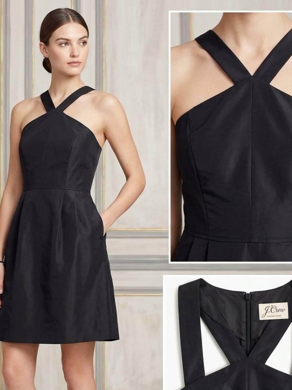 J.Crew Silk Feel Taffeta "Gracie" Halter Dress Black Party Cocktail Sz 4 EUC